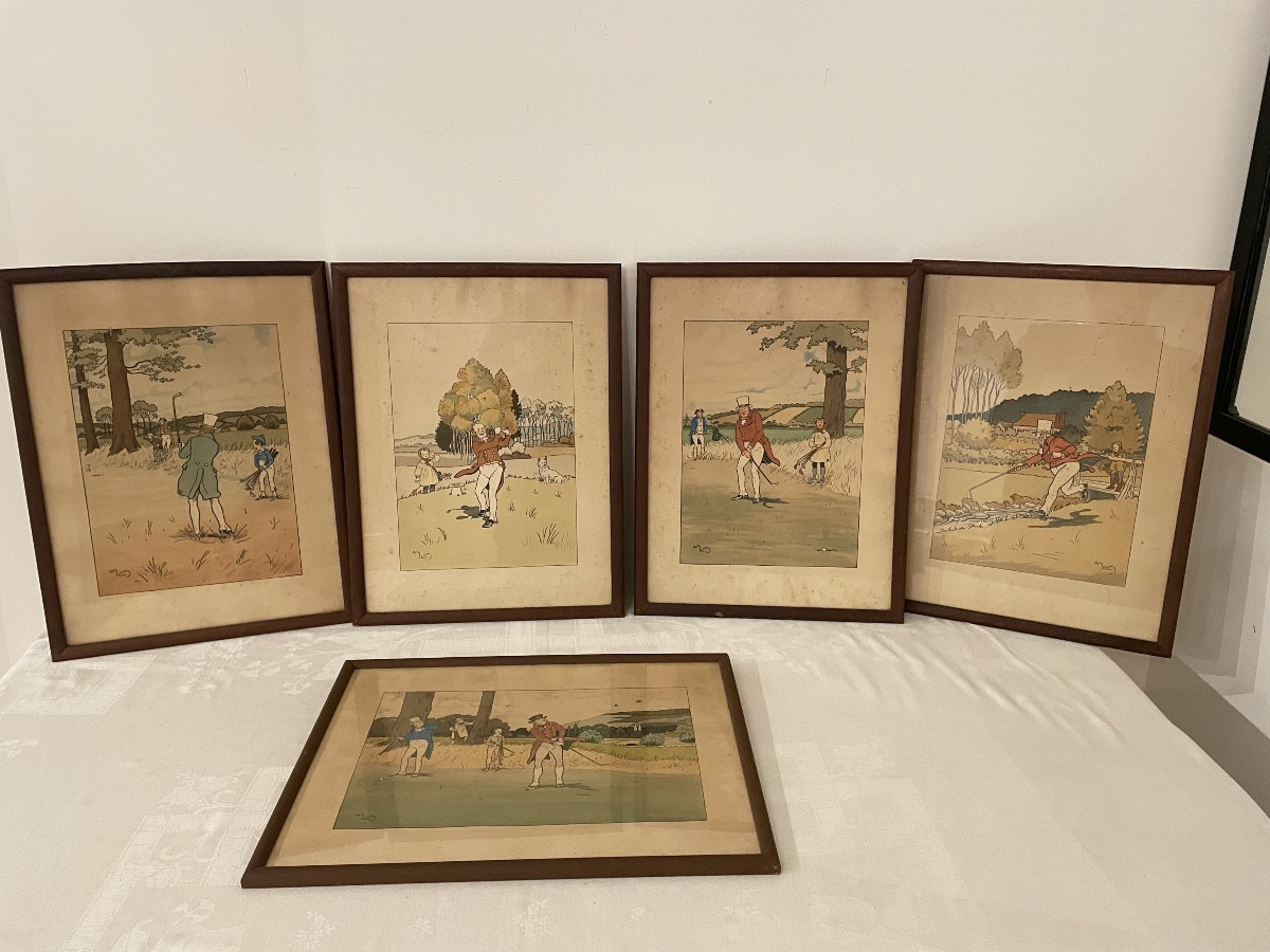 Harry ELIOTT (1882-1959) scène de Golf Suite de 5 lithographies en couleur 