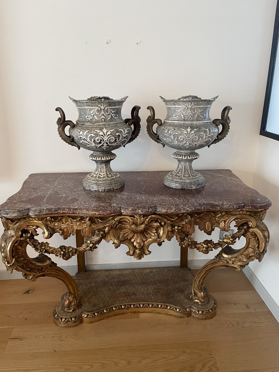 Paire de vases en fonte émaillée de forme Médicis XIX siècle -photo-2