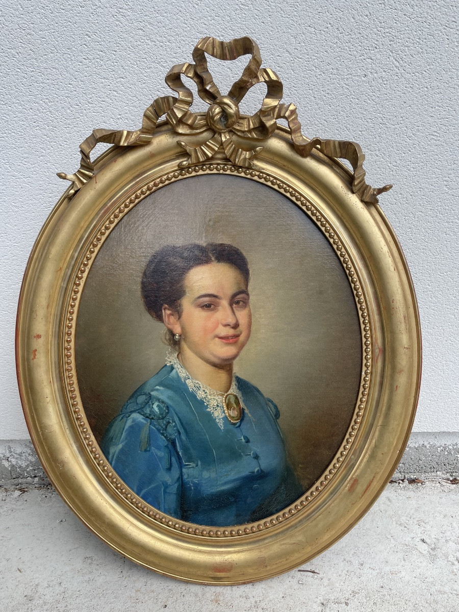 Portrait de Dame à la robe bleue XIX siècle 