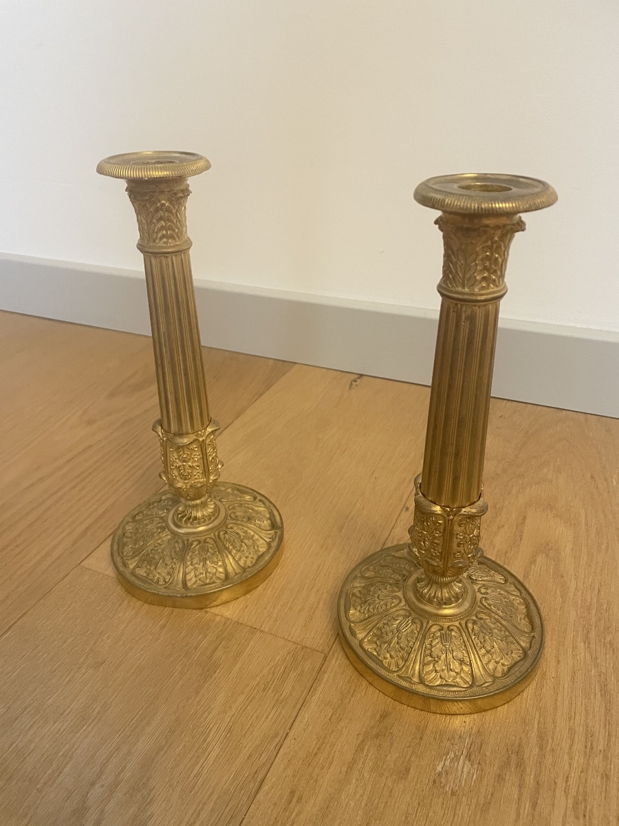 Paire de Bougeoirs Empire en bronze doré -photo-4