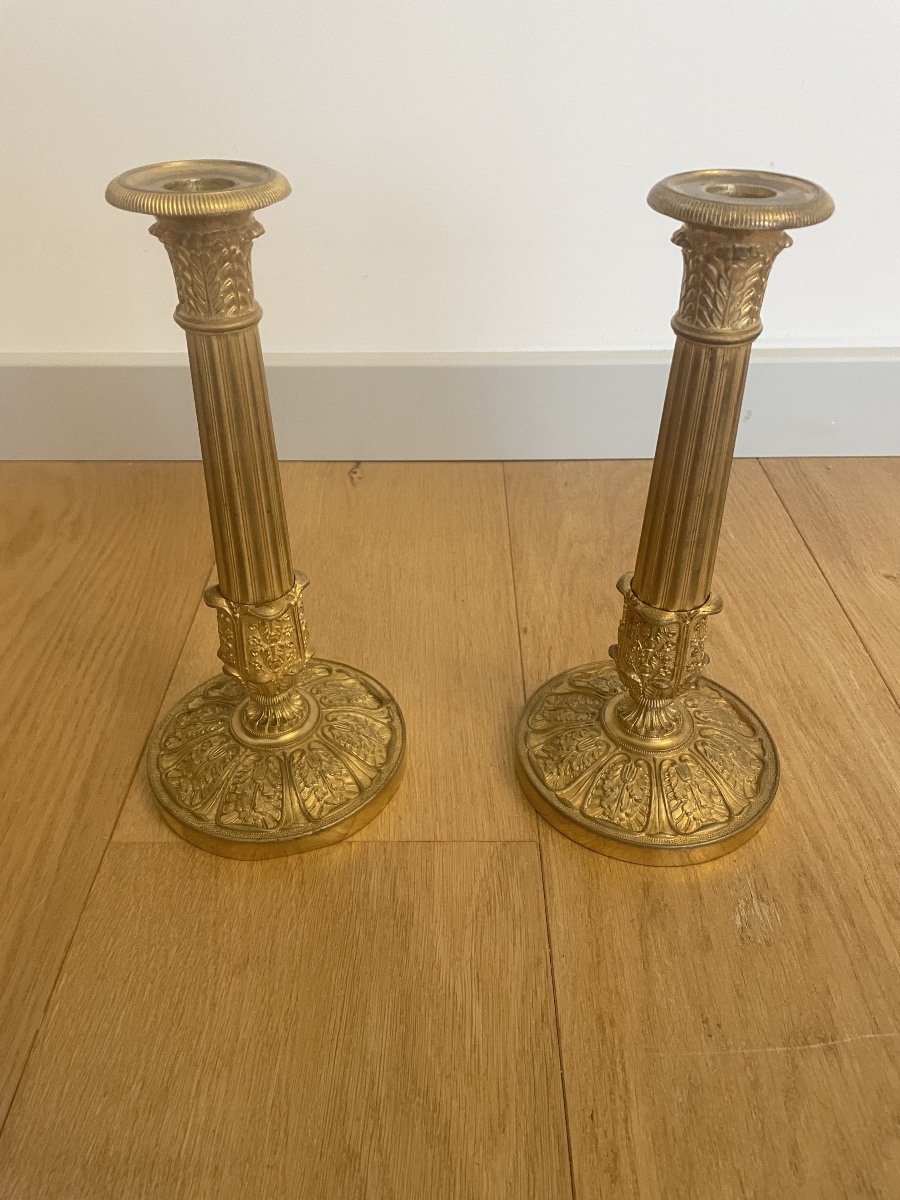 Paire de Bougeoirs Empire en bronze doré -photo-6