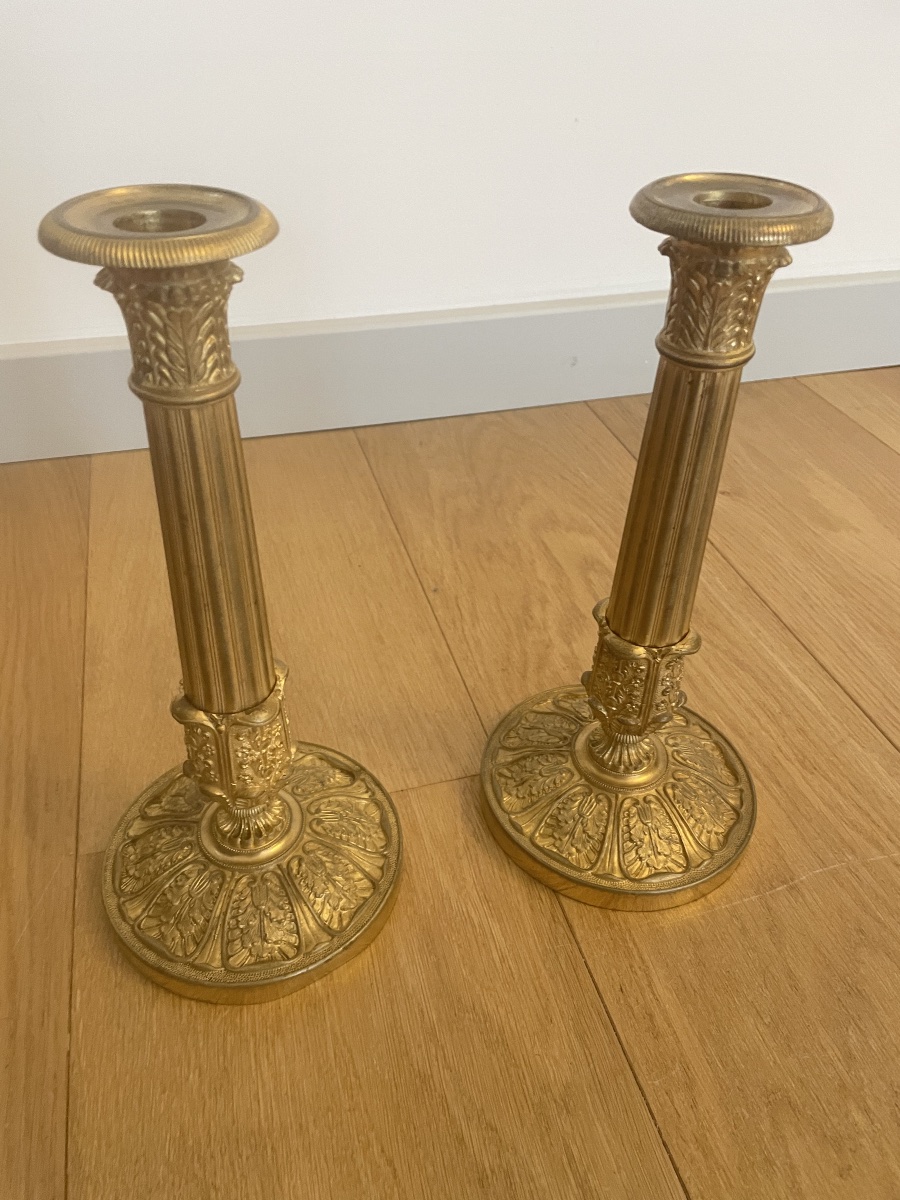 Paire de Bougeoirs Empire en bronze doré 