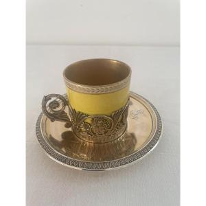 Maison Odiot Et Sèvres Coffee Cup And Saucer In Vermeil And Porcelain