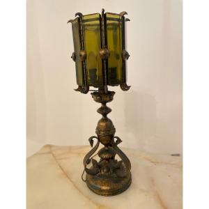 GRANDE LAMPE EN FER FORGE ET VERRE EN FORME DE LANTERNE