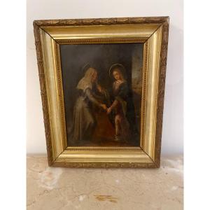 The Virgin Mary And Saint Elizabeth Oil On Copper Period 18th Century