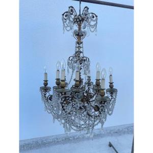 LUSTRE 12 LUMIERES EN BRONZE ET PAMPILLES XIX SIECLE