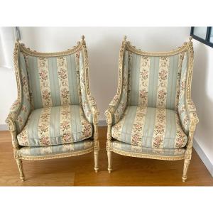 Pair Of Louis XVI Style Bergeres In Lacquered Wood