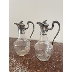 Pair Of Crystal And Silver Metal Ewers