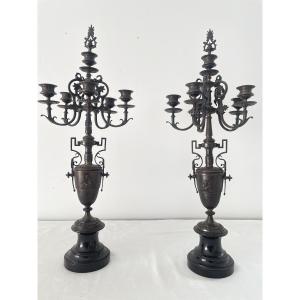 PAIRE DE GRANDS CANDELABRES EN BRONZE ET MARBRE XIX SIECLE