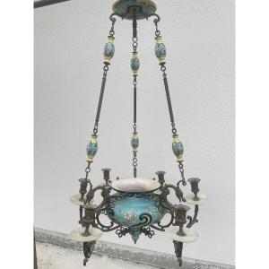 LUSTRE EN FAIENCE ET BRONZE XIX SIECLE