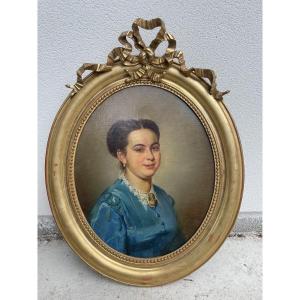 Portrait de Dame à la robe bleue XIX siècle 