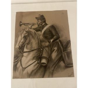 Military Rider Drawing XIX Century