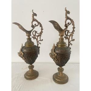 Pair Of Large 19th-century Bronze Ewers
