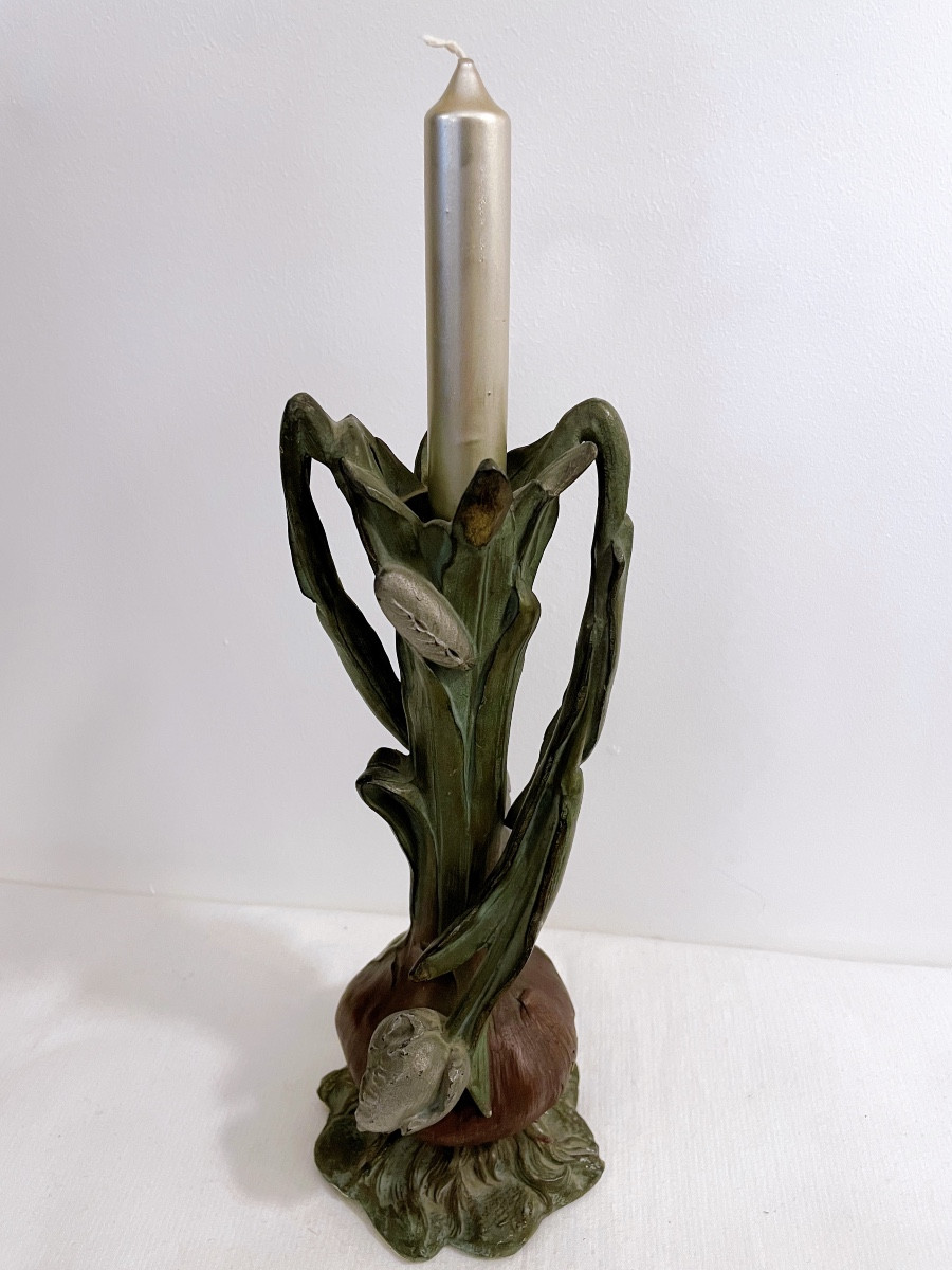 Bougeoir ou vase E.Fuchs à décor tulipes -photo-4