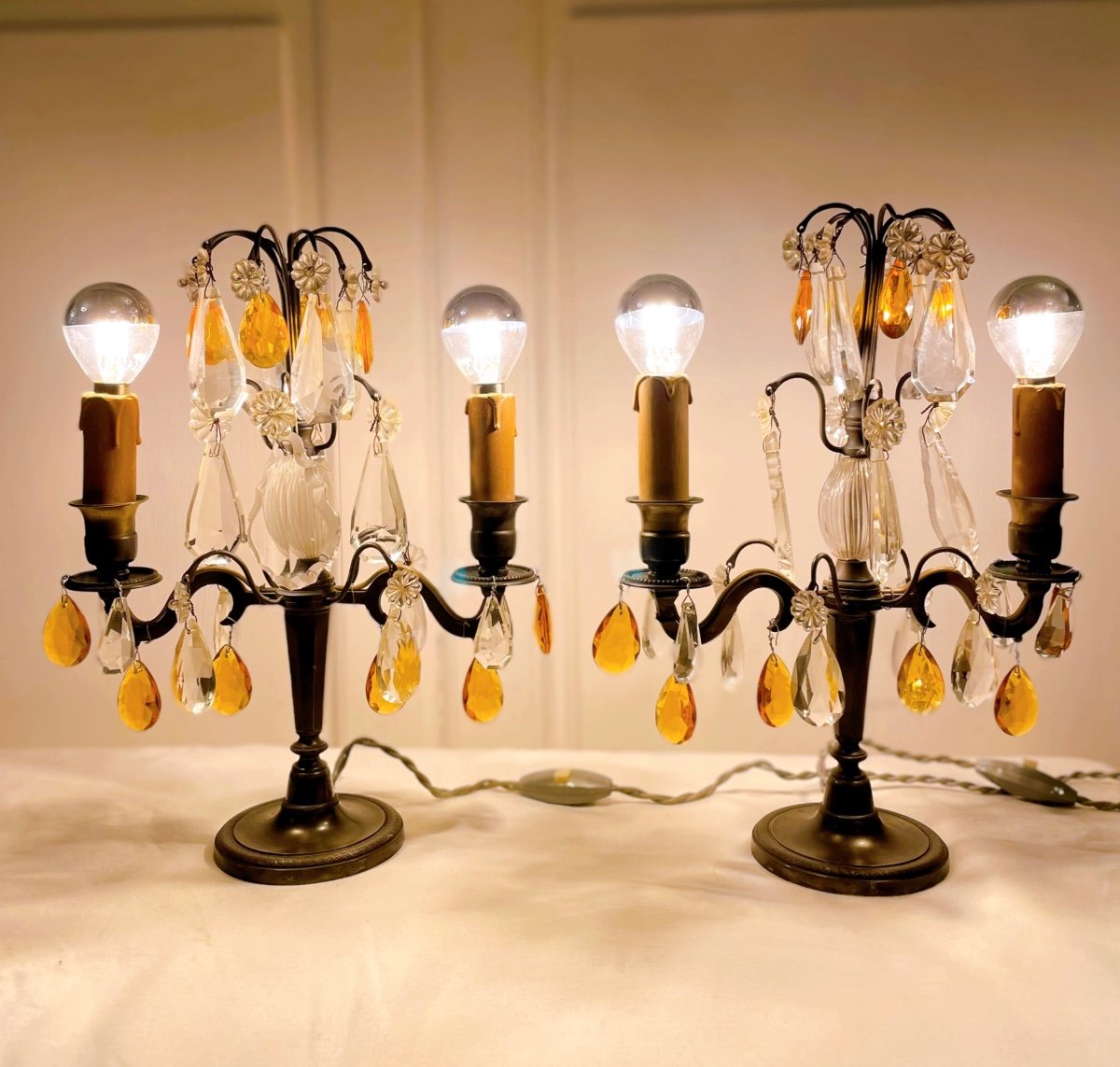Pair Of Two-light Bronze Candelabra With Brown Patina And Crystal Tassels -photo-2