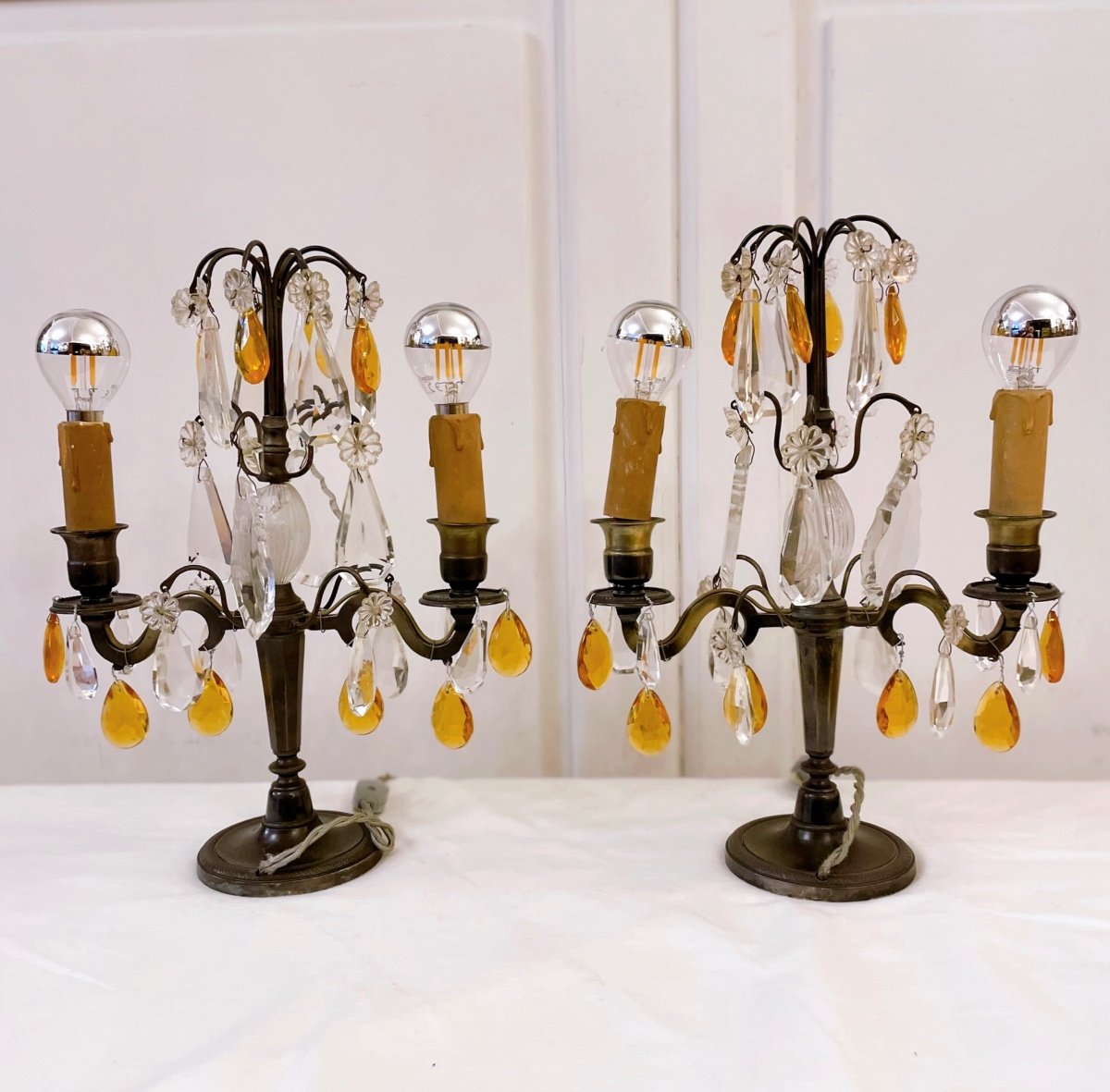 Pair Of Two-light Bronze Candelabra With Brown Patina And Crystal Tassels -photo-3