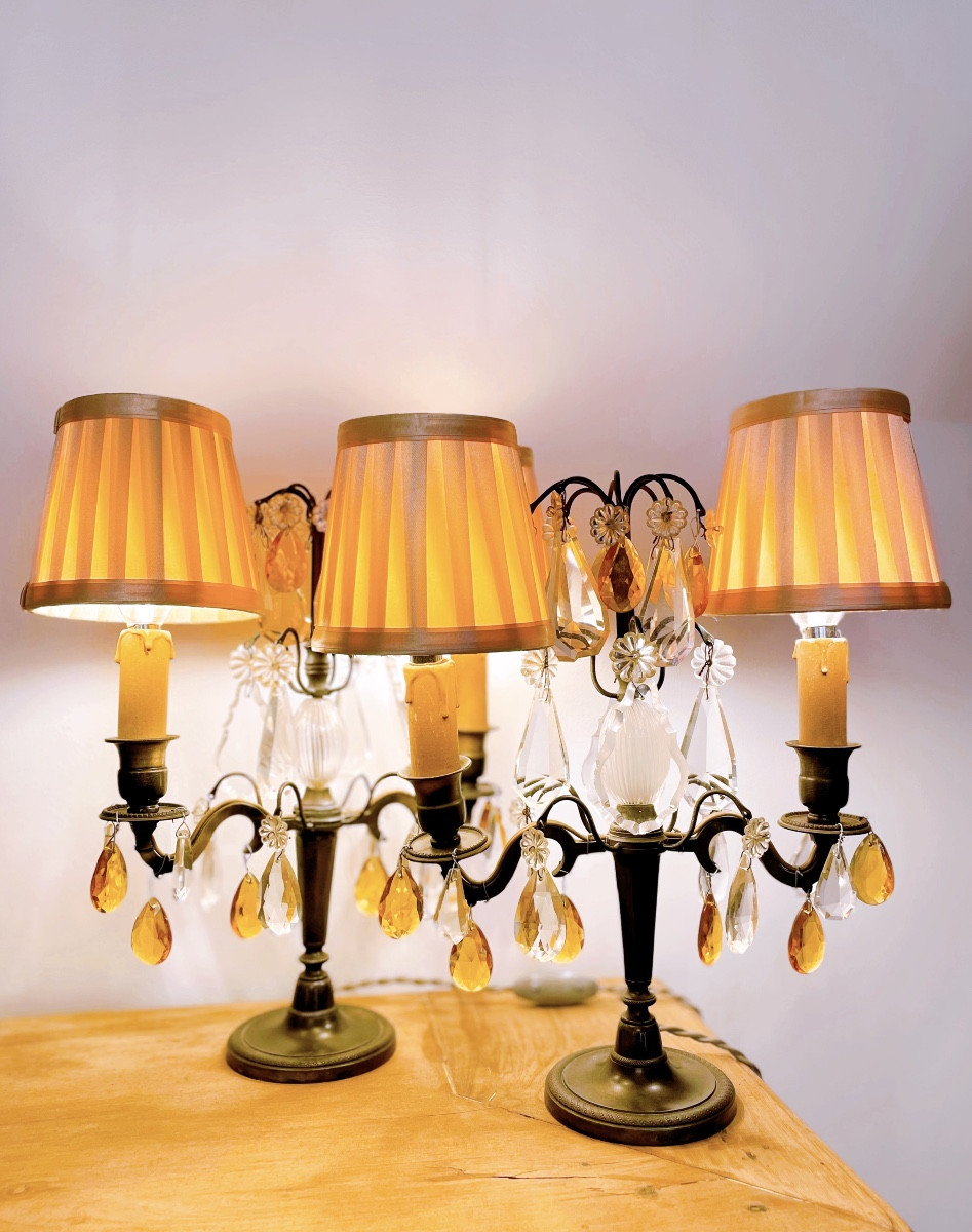 Pair Of Two-light Bronze Candelabra With Brown Patina And Crystal Tassels -photo-5