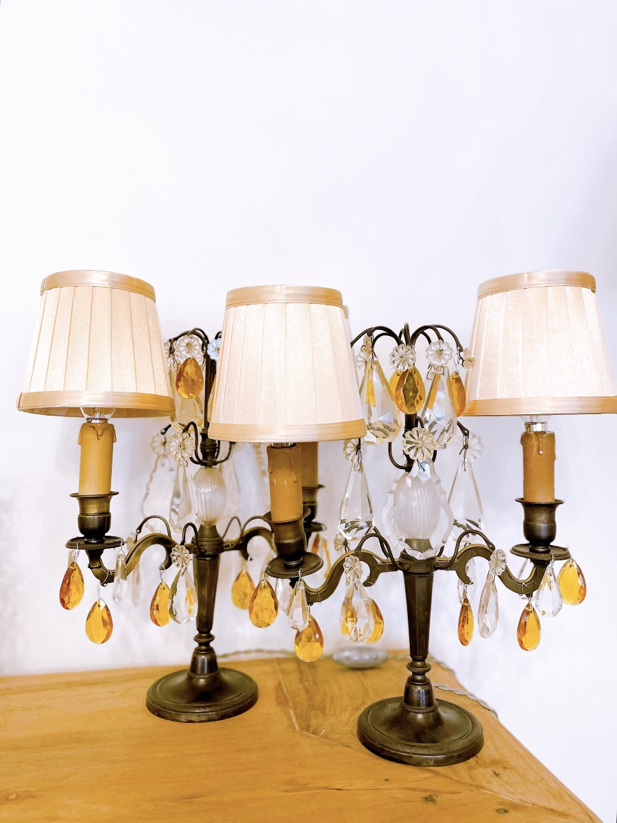 Pair Of Two-light Bronze Candelabra With Brown Patina And Crystal Tassels 