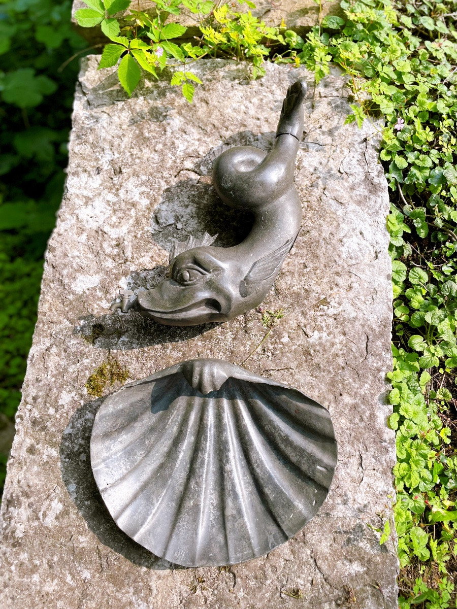 Fontaine murale Dauphin complet avec son bassin en coquille Saint Jacques-photo-5
