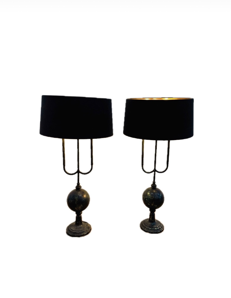 Pair Of Black Boudoir Lamps 