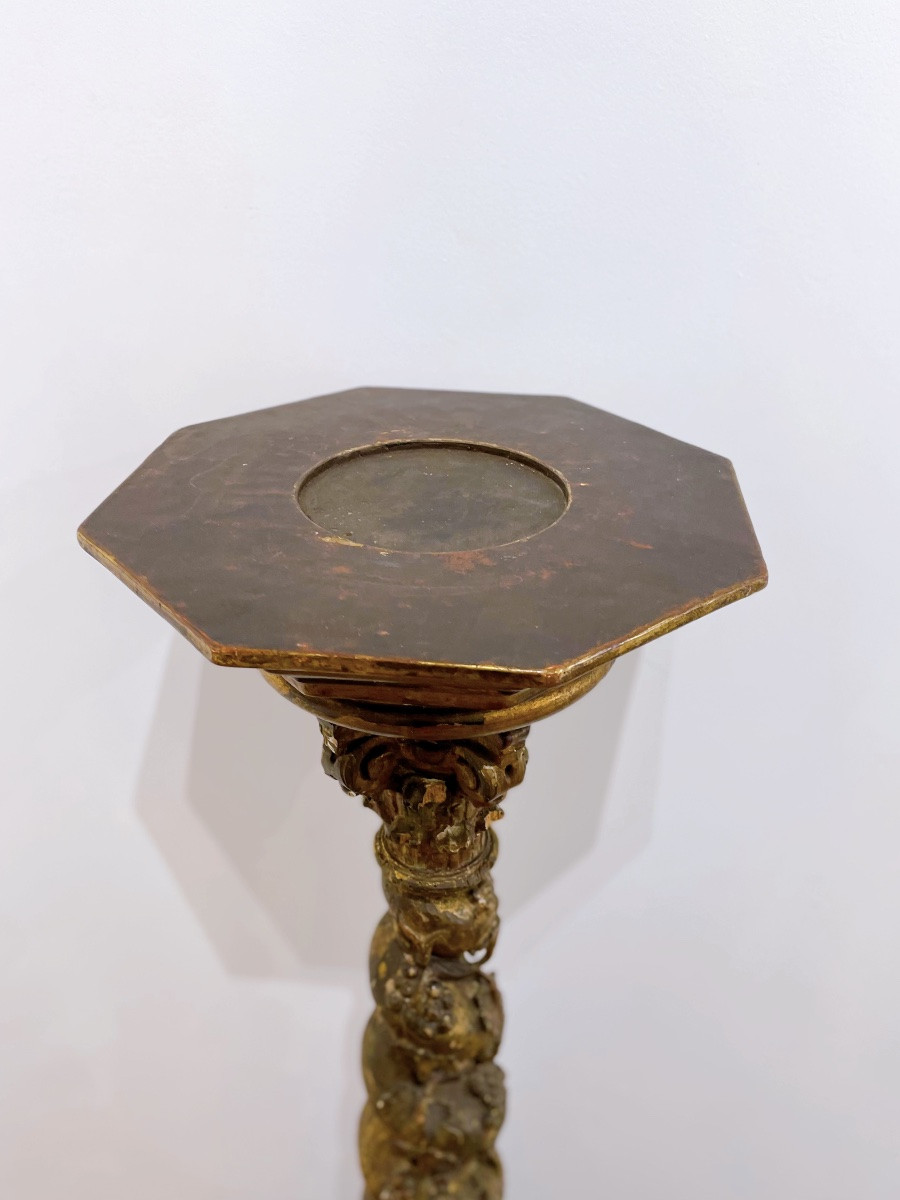 Colonne corinthienne torse en bois doré sculptée -photo-5