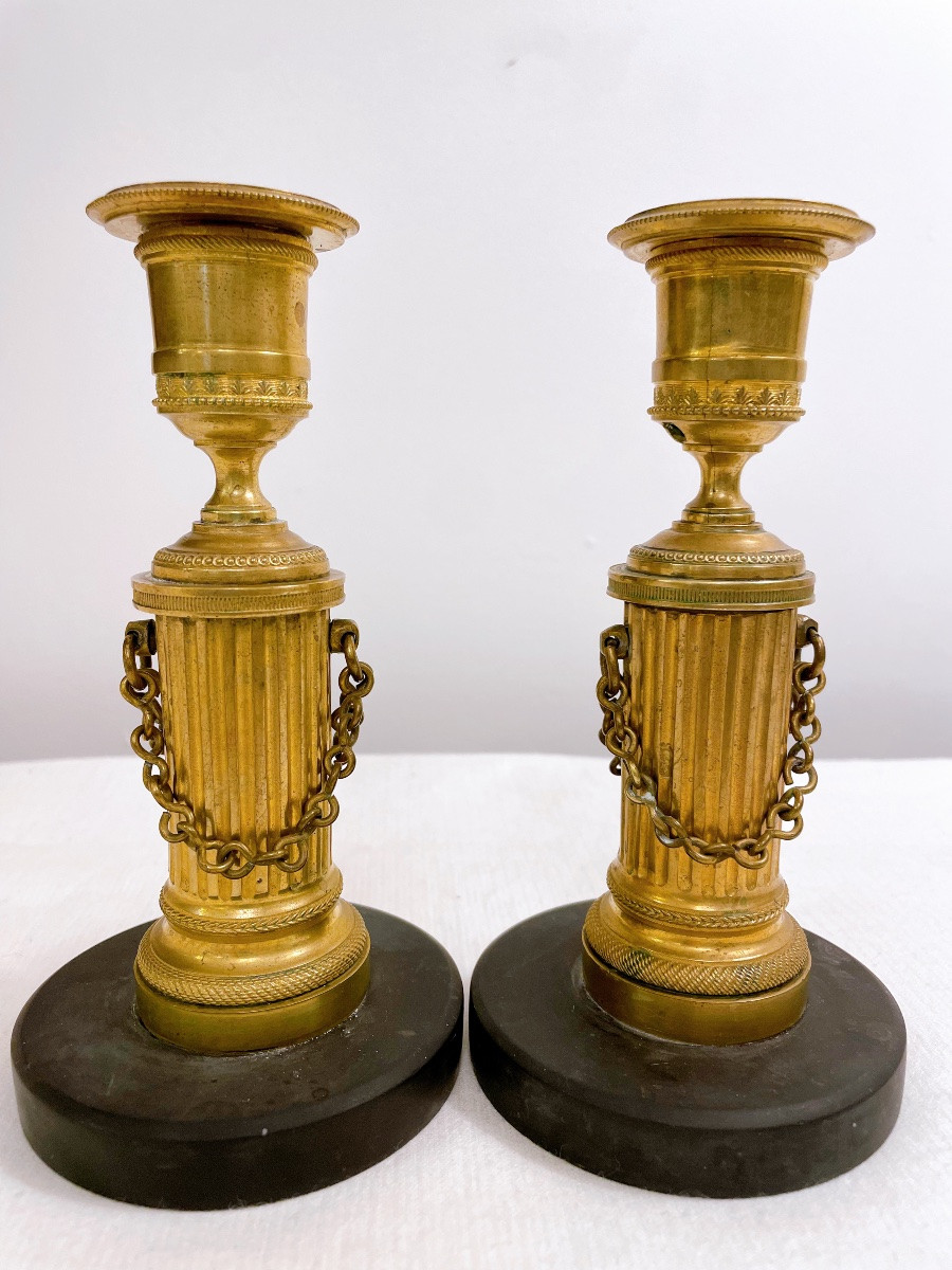 Pair Of Empire Candlesticks, Early 19th Century, In Gilt Bronze-photo-2