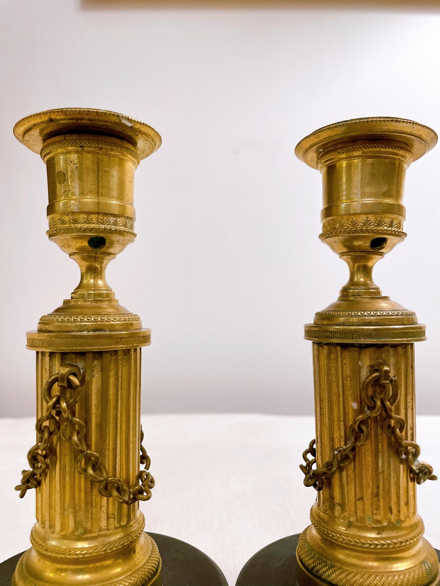 Pair Of Empire Candlesticks, Early 19th Century, In Gilt Bronze-photo-3
