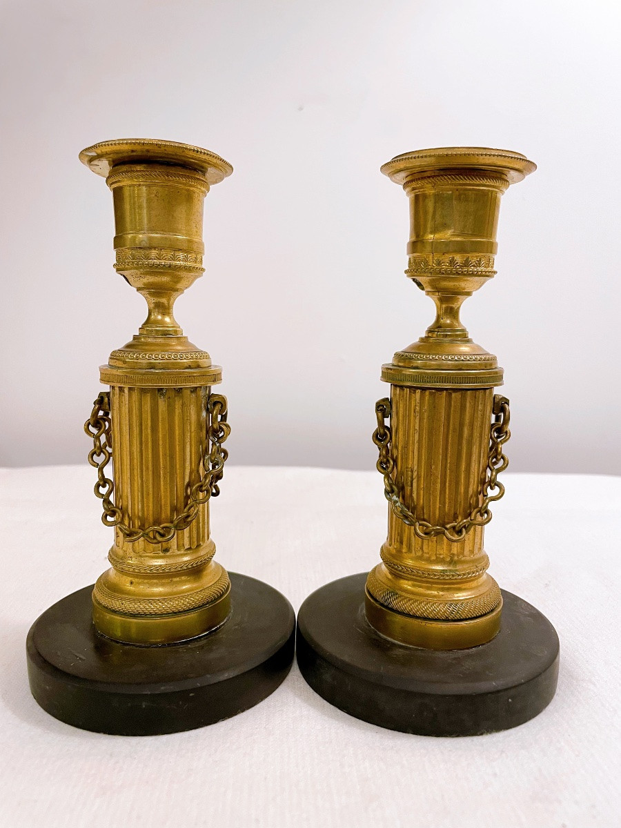 Pair Of Empire Candlesticks, Early 19th Century, In Gilt Bronze-photo-1