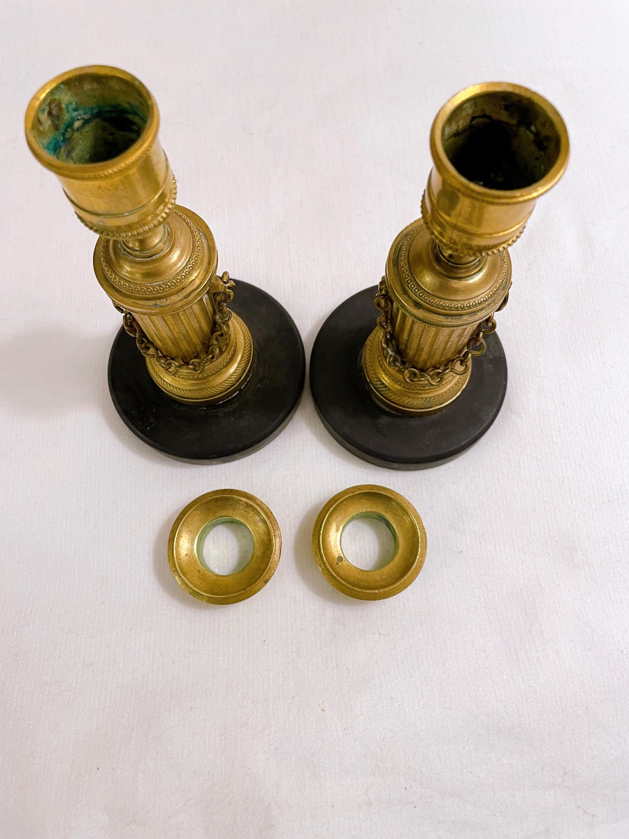 Pair Of Empire Candlesticks, Early 19th Century, In Gilt Bronze-photo-2