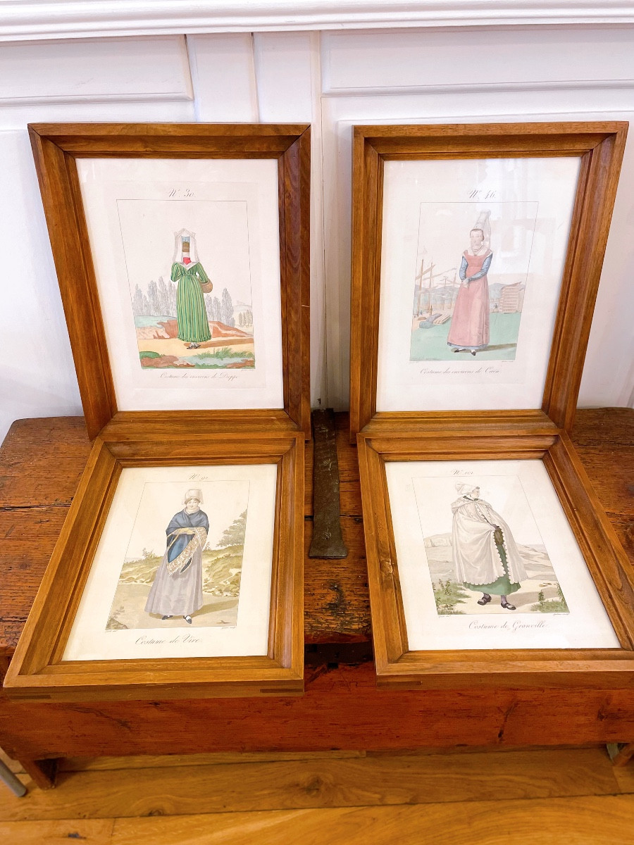 4 Framed Engravings "costumes Of The Women Of The Pays De Caux" Designed By M. Lanté, Engraved By M.