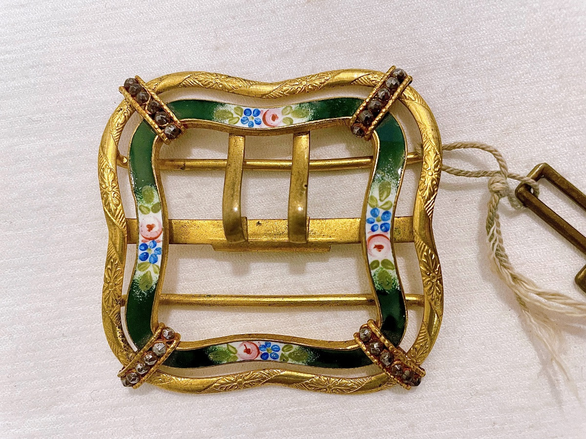 Boucle de ceinture ancienne en métal doré et émail -photo-2