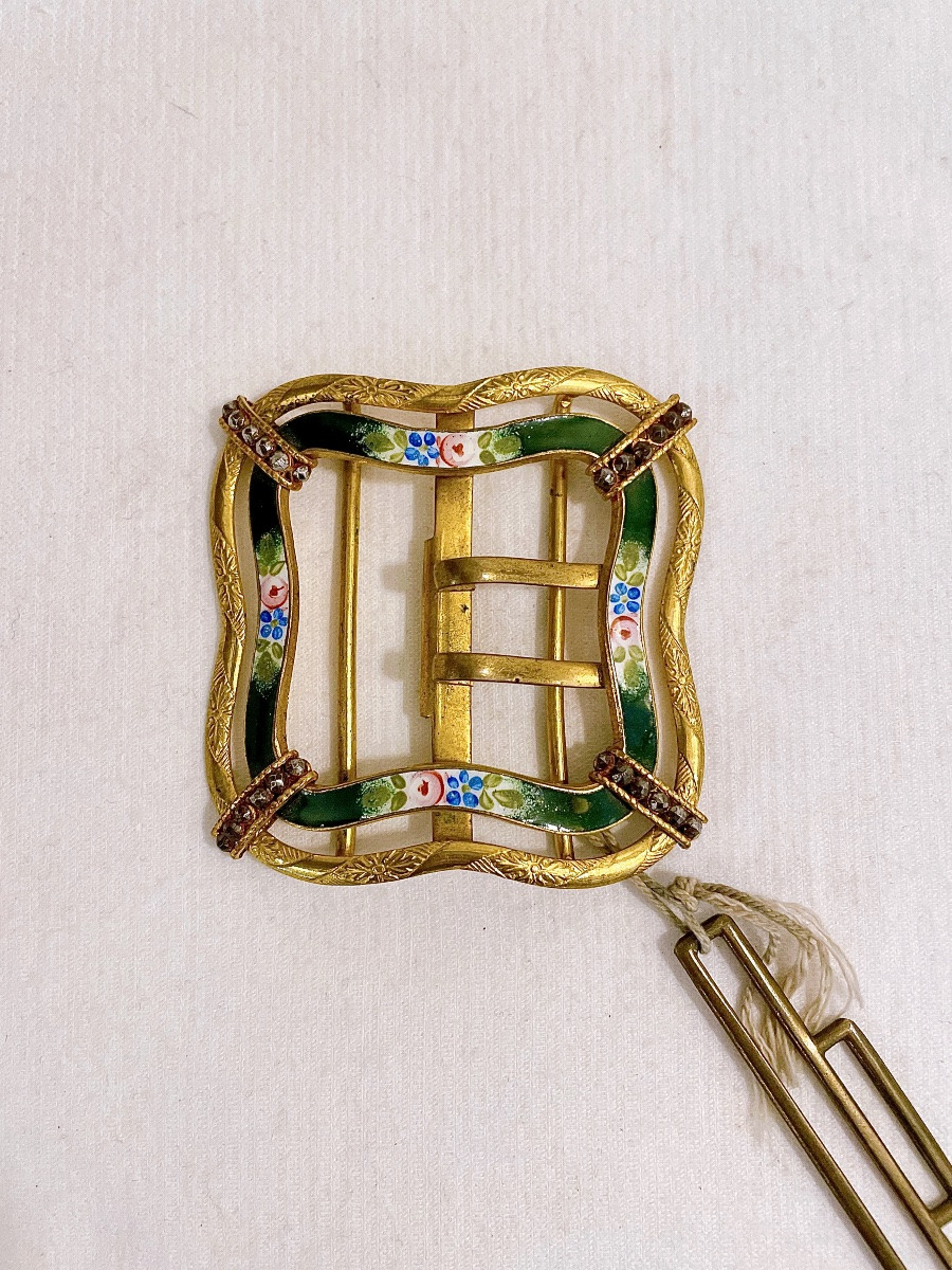 Boucle de ceinture ancienne en métal doré et émail -photo-3