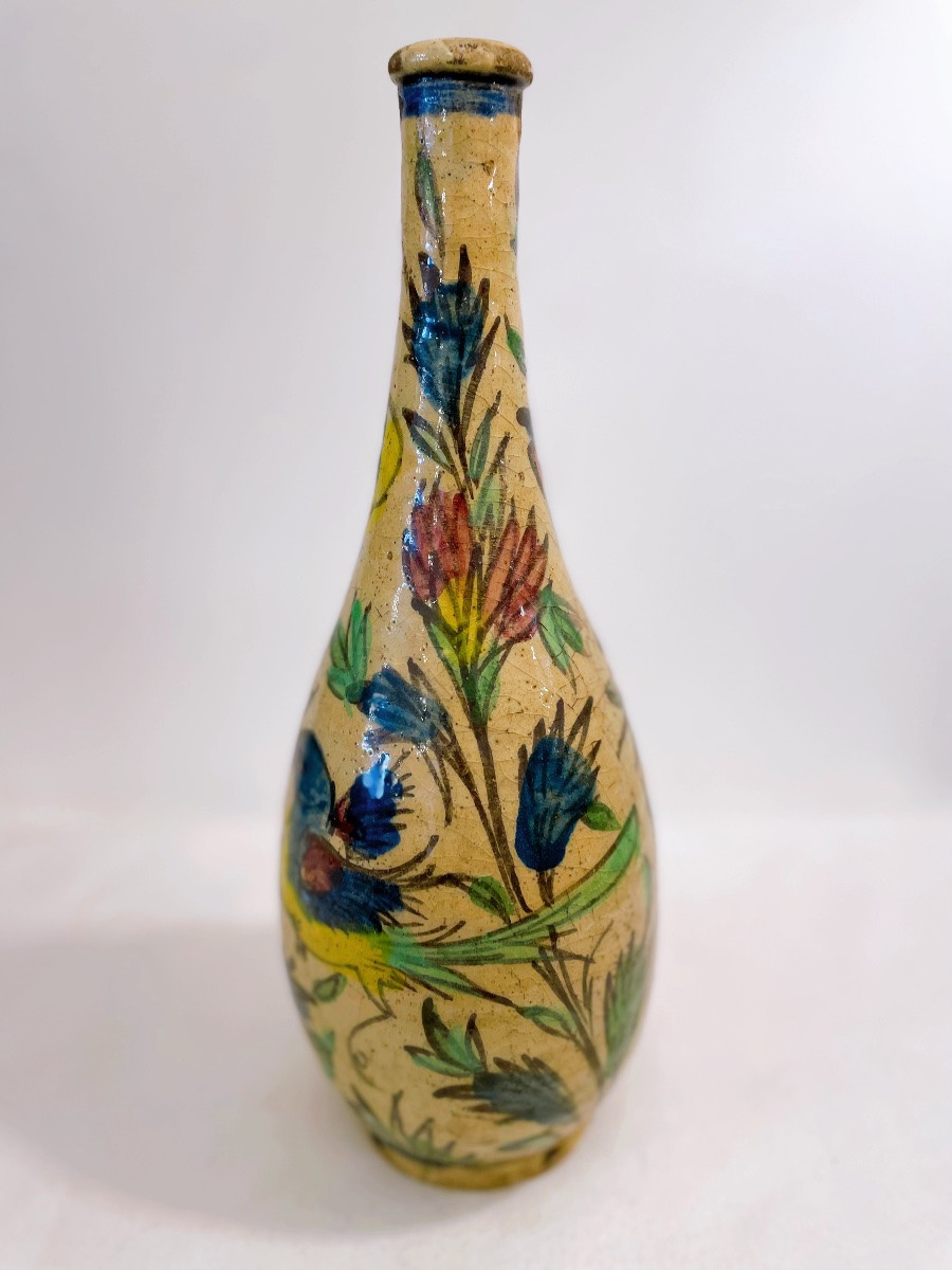 Qajar Persian Bottle-shaped Vase With Floral And Bird Decoration, 19th Century-photo-2