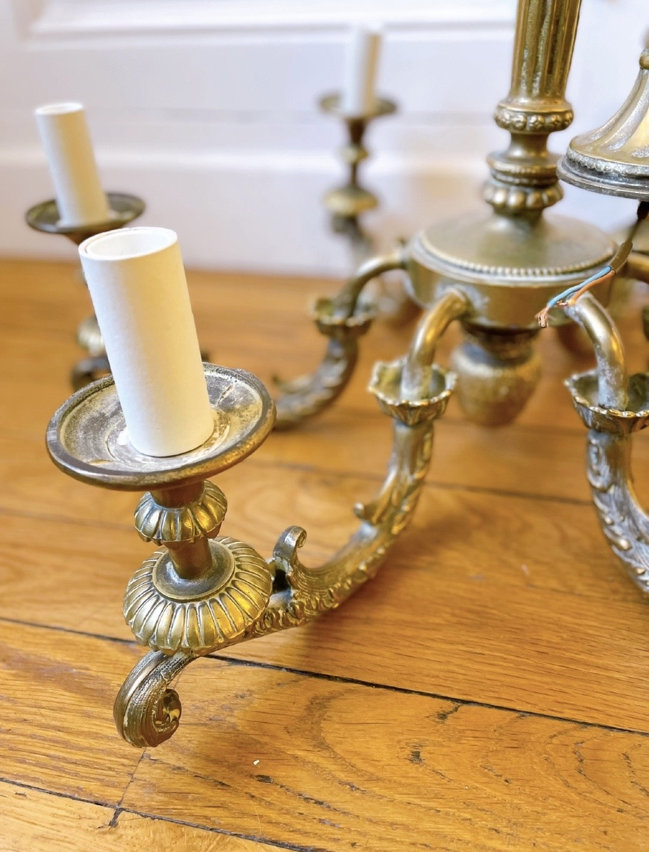 Lustre en bronze doré, 6 bras, décor néoclassique avec têtes de béliers de style Louis XVI-photo-3