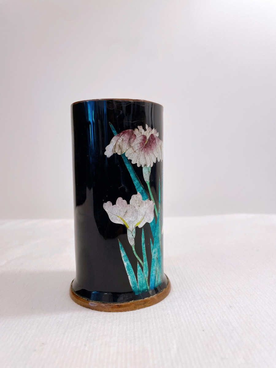 Vase cuivre japonais en email cloisonné à feuille d’argent, signé  Kihyoe Hayashi-photo-4