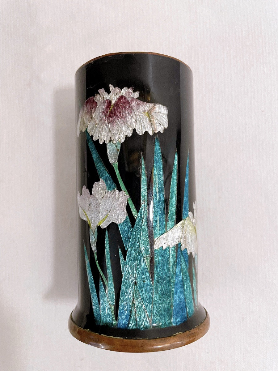 Vase cuivre japonais en email cloisonné à feuille d’argent, signé  Kihyoe Hayashi