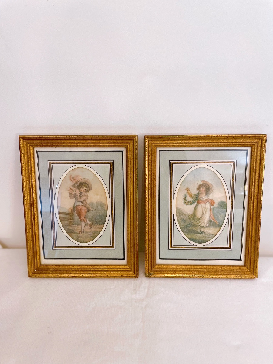 Pair Of Engravings Young Flute Player And Garland Player
