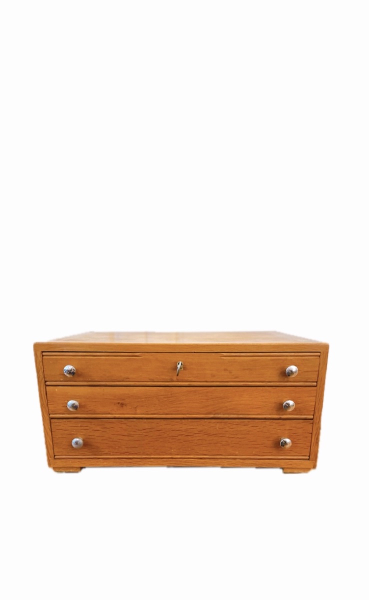 Wooden Box With 3 Drawers For Household Set With Key