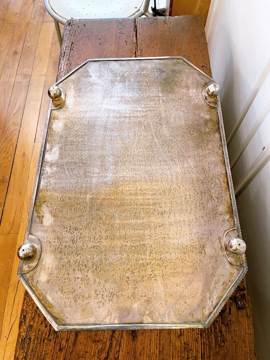 Geand plateau rectangulaire en métal argenté avec galerie ajourée Roberts & Belk de Sheffield-photo-2