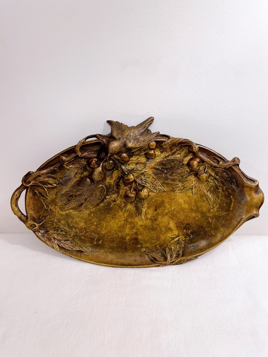 Plateau ou grand vide poche Art nouveau oiseaux et cerises