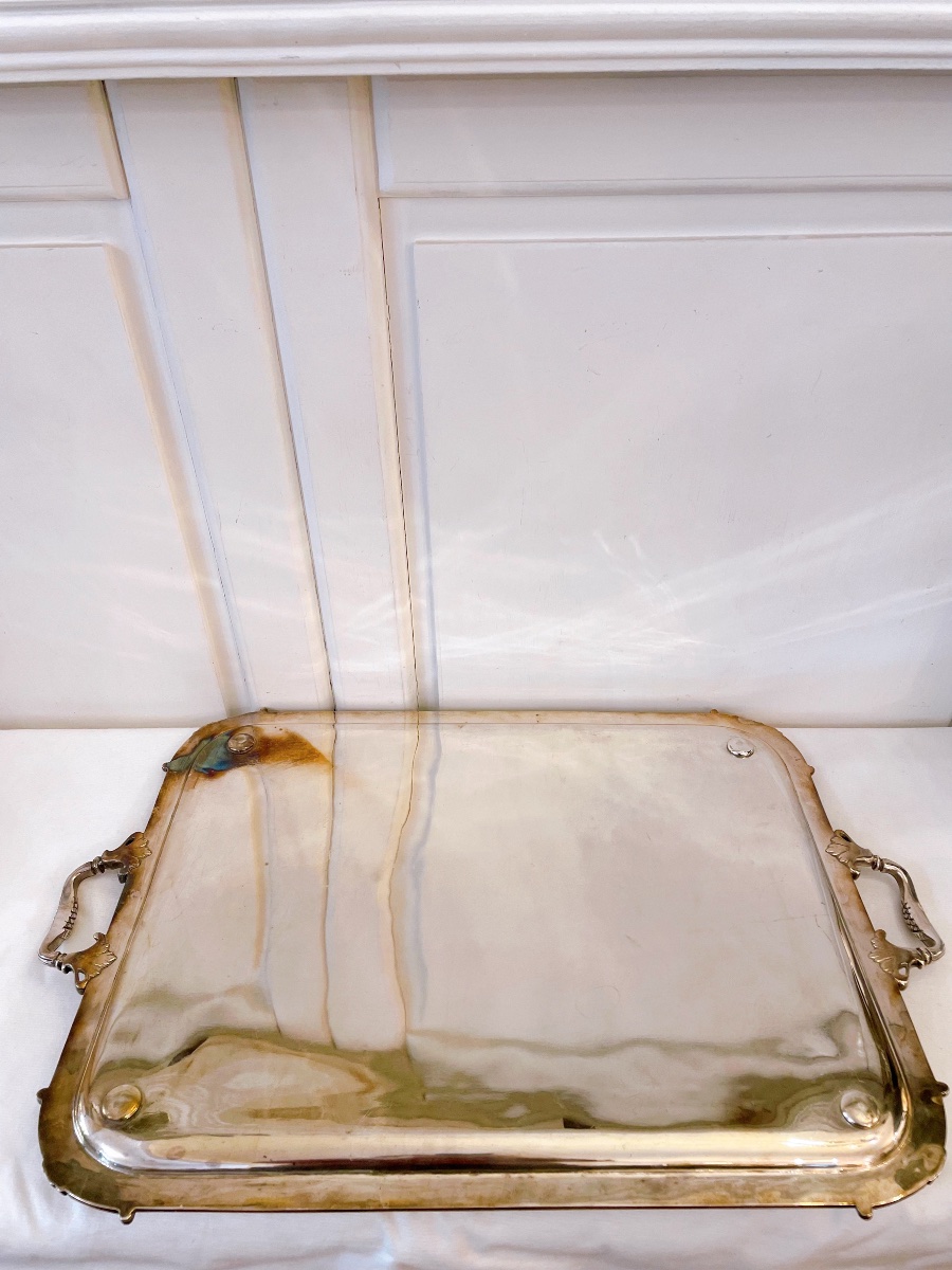 Large Silver Plated Serving Tray With Handles-photo-2