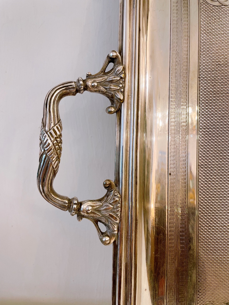 Large Silver Plated Serving Tray With Handles-photo-3