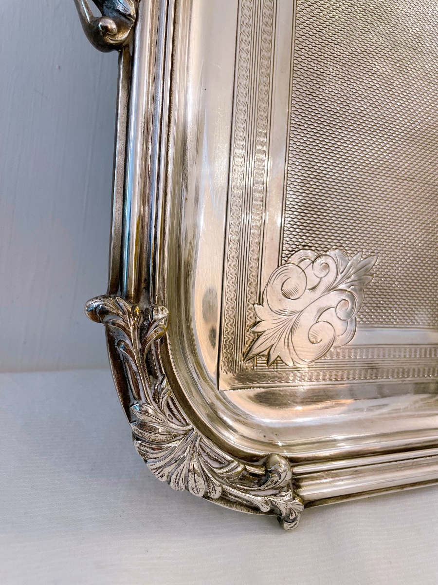 Large Silver Plated Serving Tray With Handles-photo-4