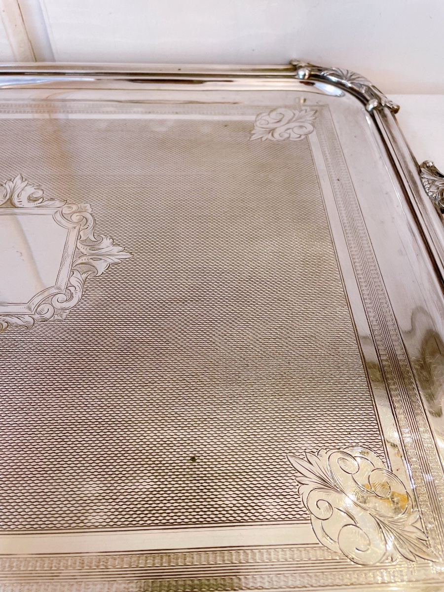 Large Silver Plated Serving Tray With Handles-photo-2