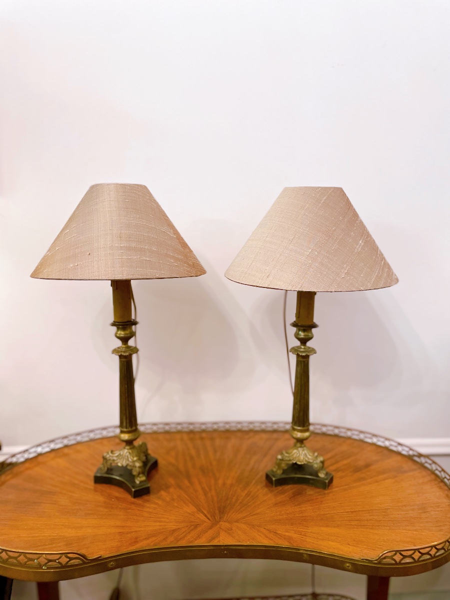 Pair Of Empire Style Candlestick Lamps Silk Shade-photo-2