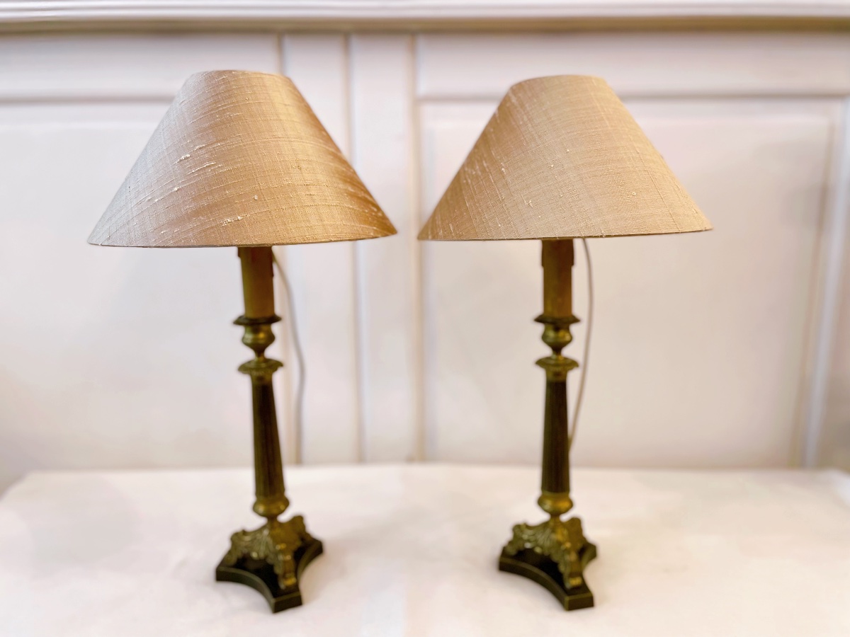Pair Of Empire Style Candlestick Lamps Silk Shade-photo-3