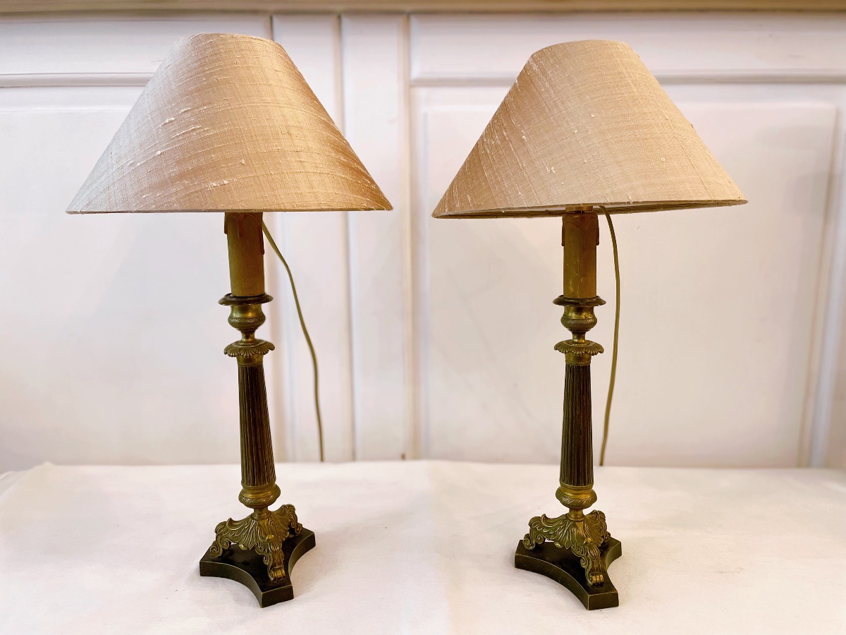 Pair Of Empire Style Candlestick Lamps Silk Shade-photo-4