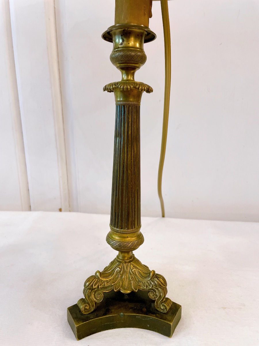 Pair Of Empire Style Candlestick Lamps Silk Shade-photo-1