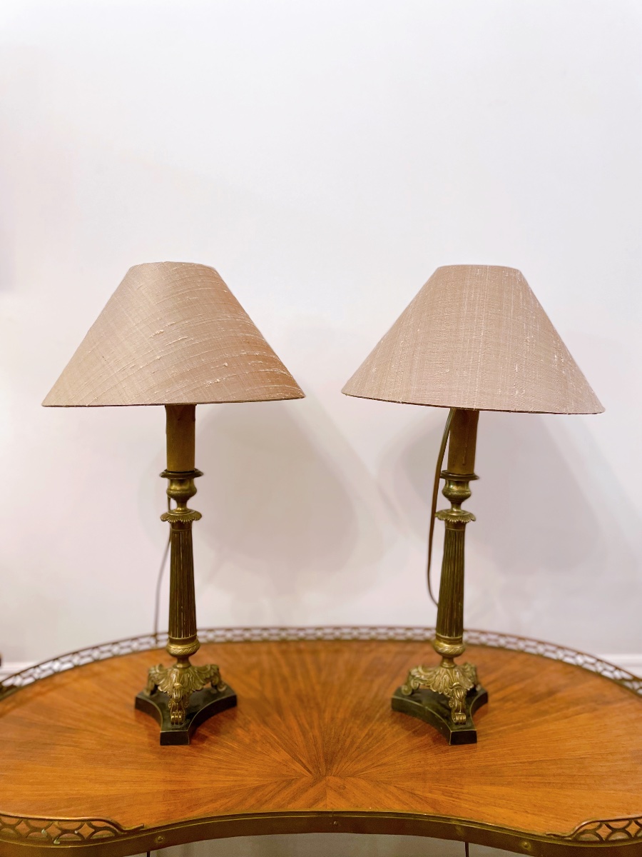 Pair Of Empire Style Candlestick Lamps Silk Shade