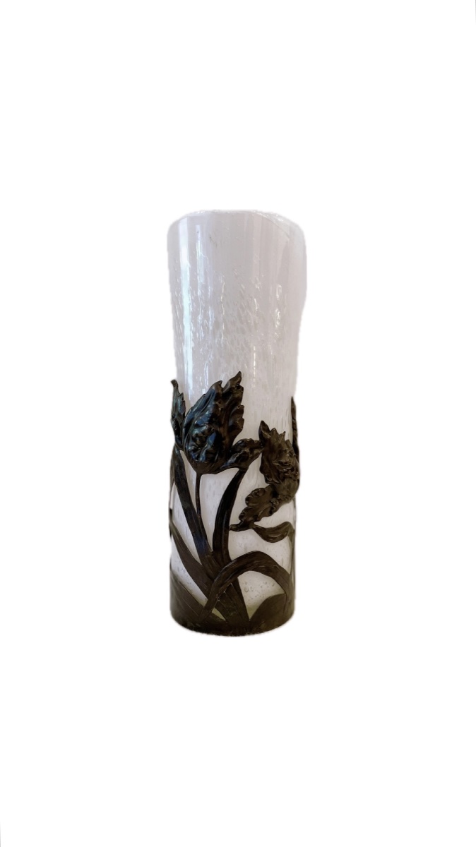 White Glass Paste Vase With A Floral Design In Brass By Maure-vieil